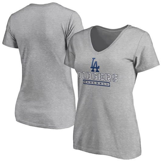 Los Angeles Dodgers Women's Evanston Stencil V-Neck T-Shirt - Gray
