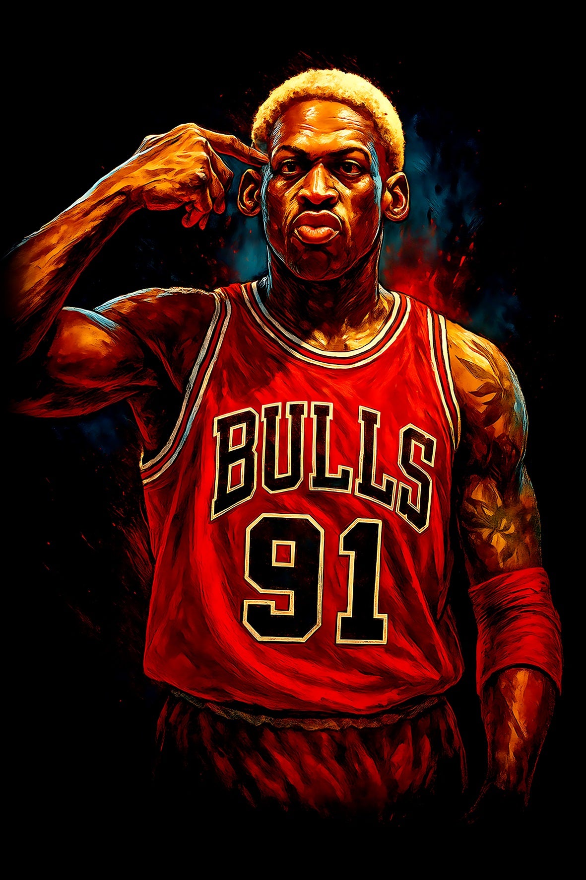 Halftone Lab - Chicago Bulls Dennis Rodman NBA071 - Black Tee