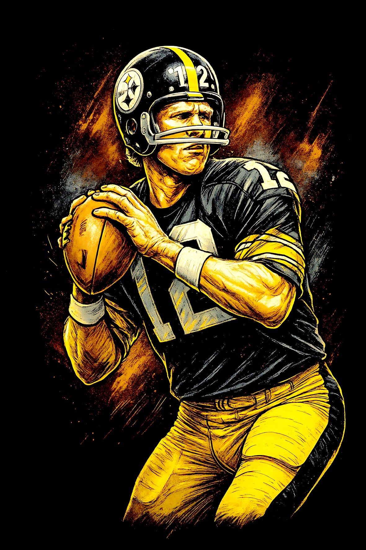 Halftone Lab - Pittsburgh Steelers Terry Bradshaw NFL090 - Black Tee