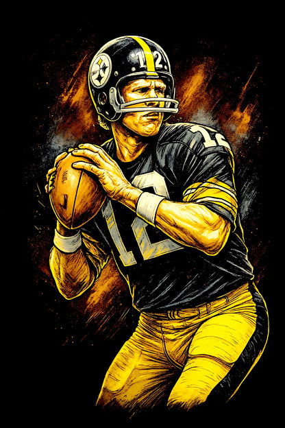 Halftone Lab - Pittsburgh Steelers Terry Bradshaw NFL090 - Black Tee