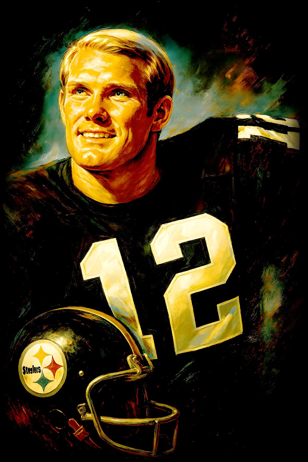 Halftone Lab - Pittsburgh Steelers Terry Bradshaw NFL092 - Black Tee