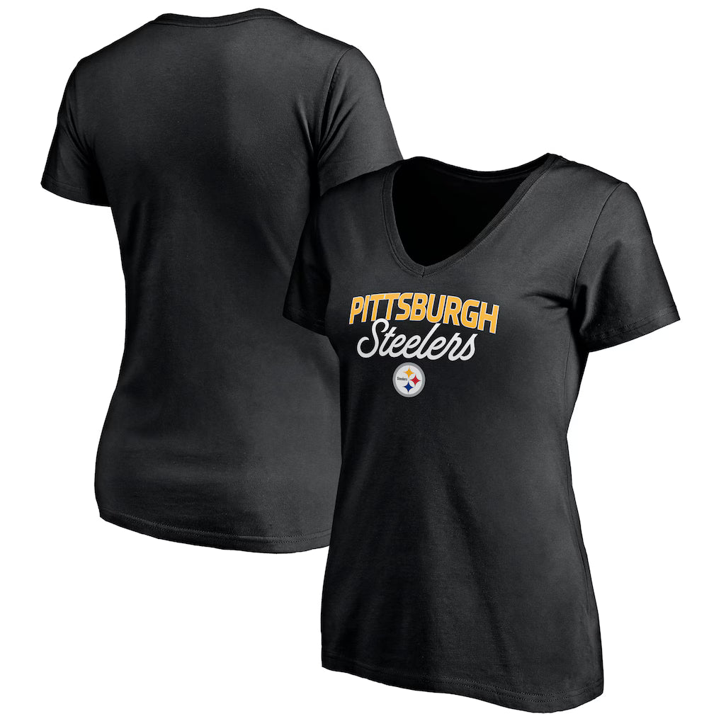 Pittsburgh Steelers Women's Long Stride V-Neck T-Shirt - Black